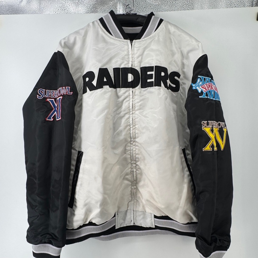 NFL Oakland Raiders Reversible Varsity Jacket Black White Super Bowl Patches XXL